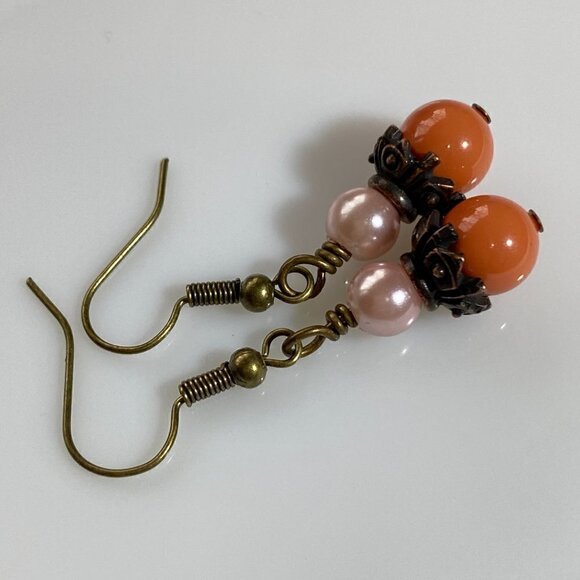 Coral Austrian Crystal Pearls Earrings - Picture 8 of 10